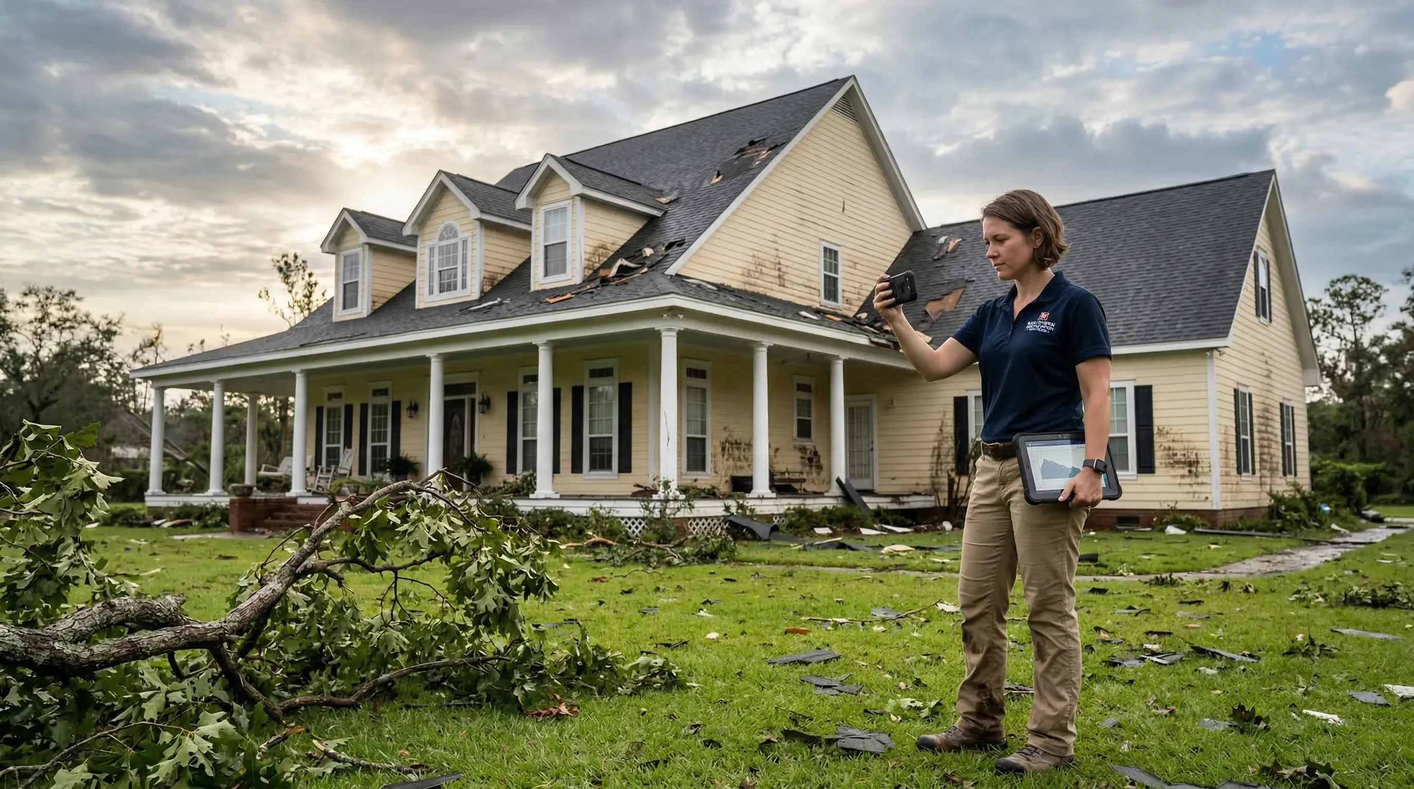Professional restoration inspector using a tablet to document exterior storm damage on a traditional South Carolina home