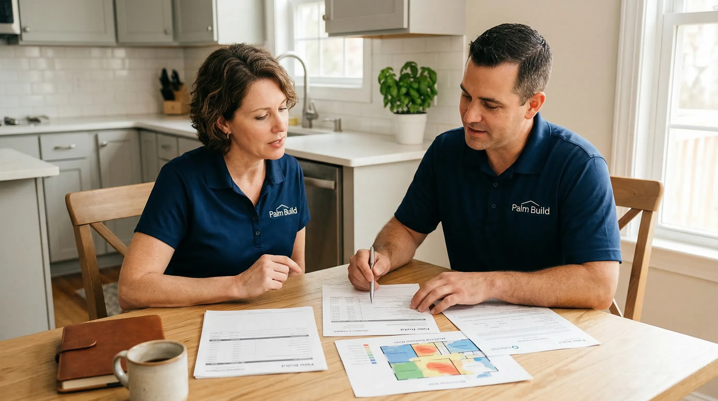 Homeowner and Palm Build project manager reviewing restoration scope documents and moisture maps at a kitchen table