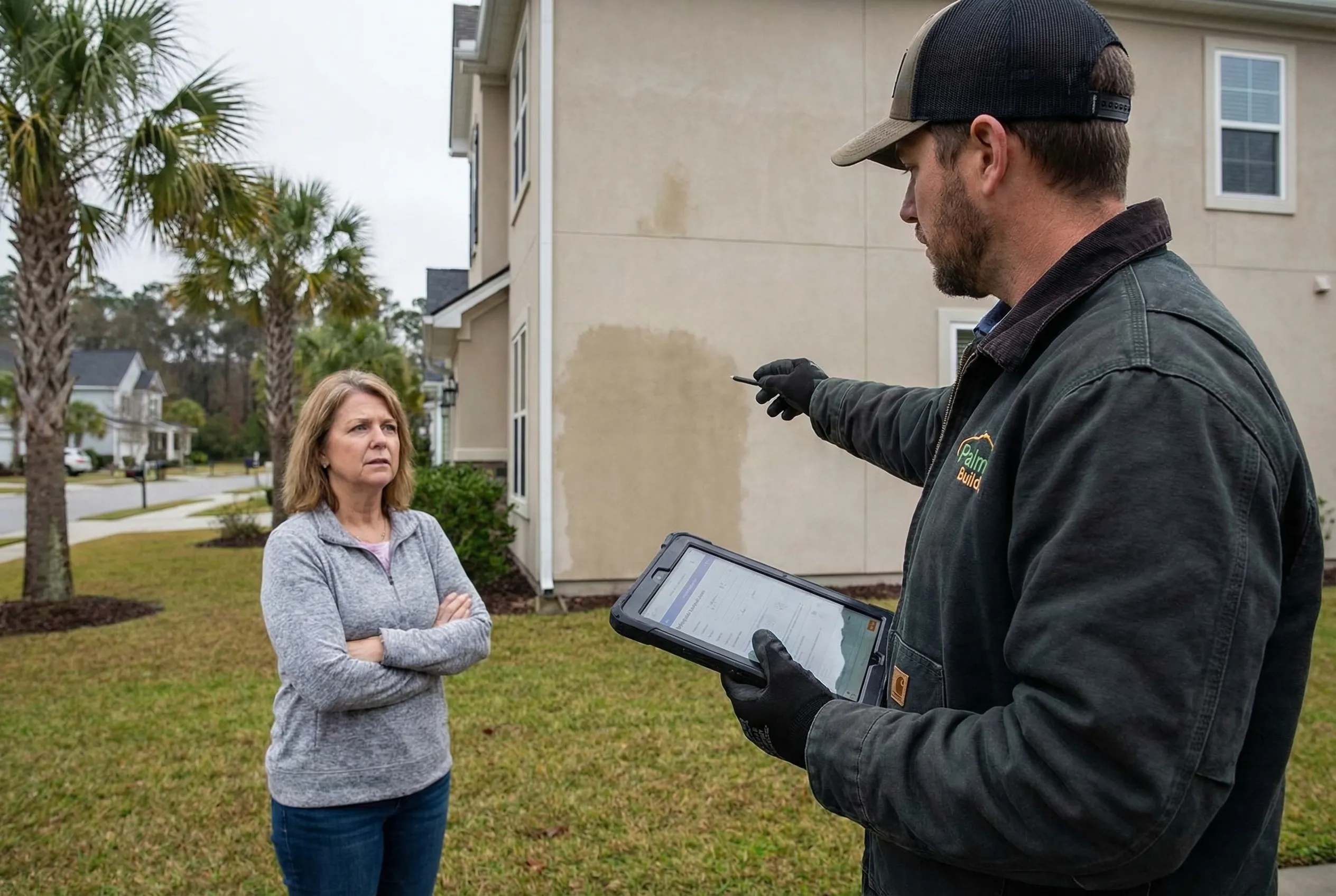 South Carolina property inspection after a storm with restoration professional documenting damage on a tablet