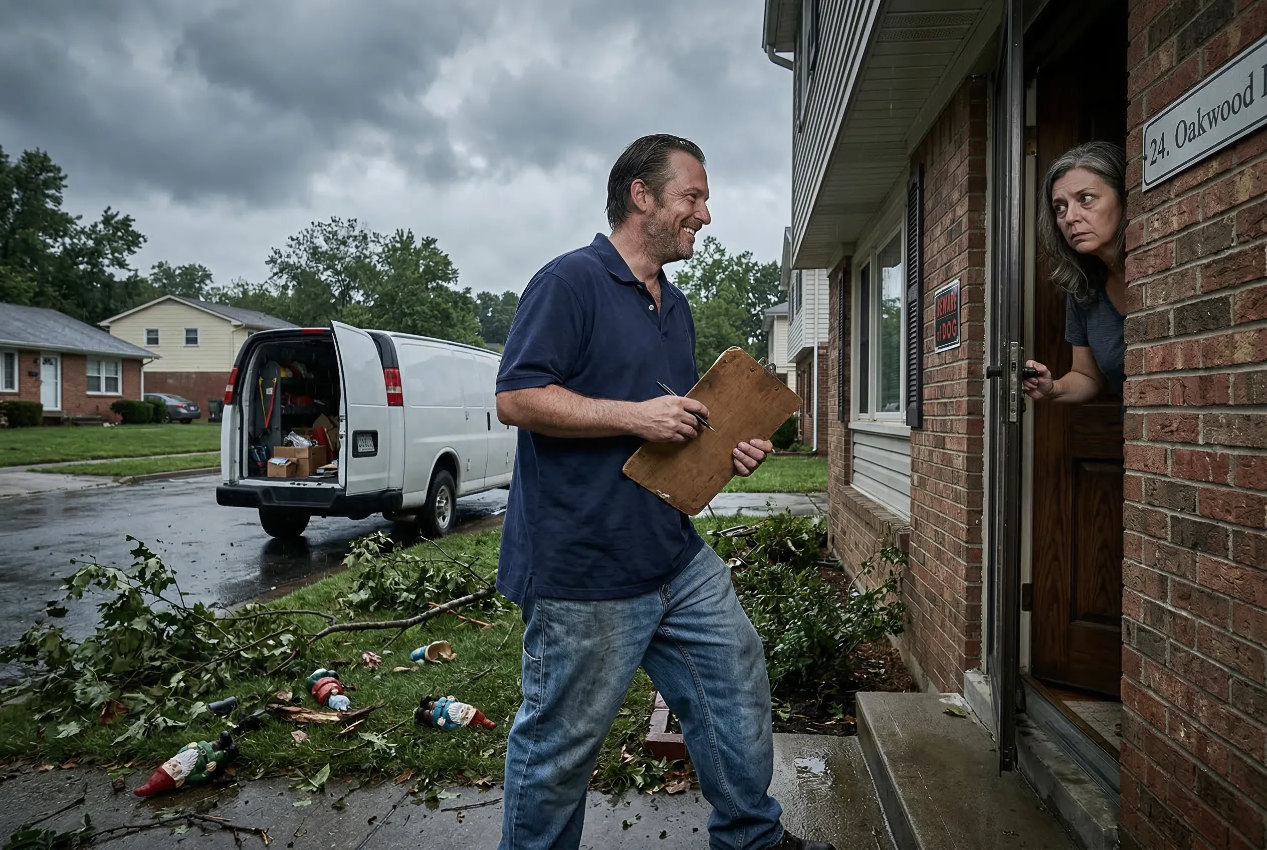 Suspicious door-to-door contractor approaching a suburban home after a storm with clipboard and unmarked van