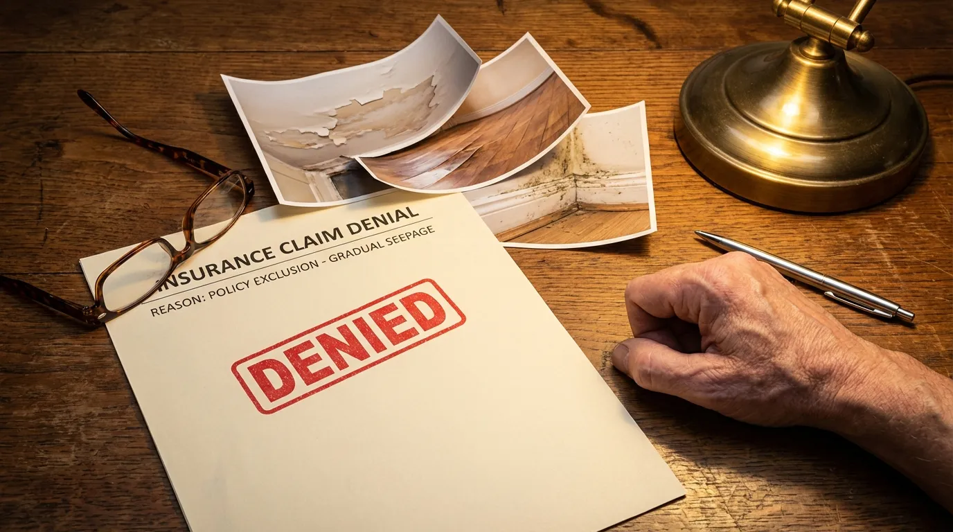 Close-up of an insurance claim denial letter on a desk alongside printed photographs of water damage to a home