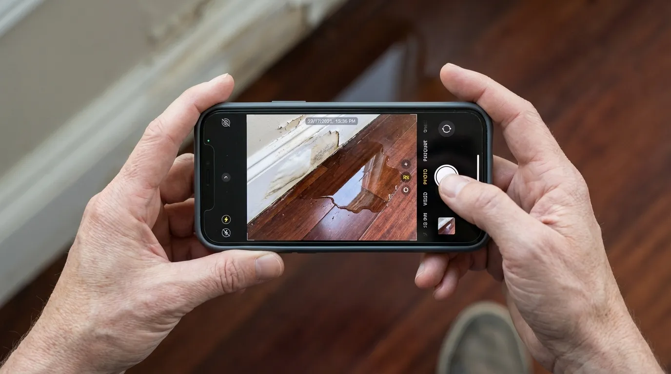 Close-up of hands holding a smartphone photographing standing water and damage on a hardwood floor for insurance documentation