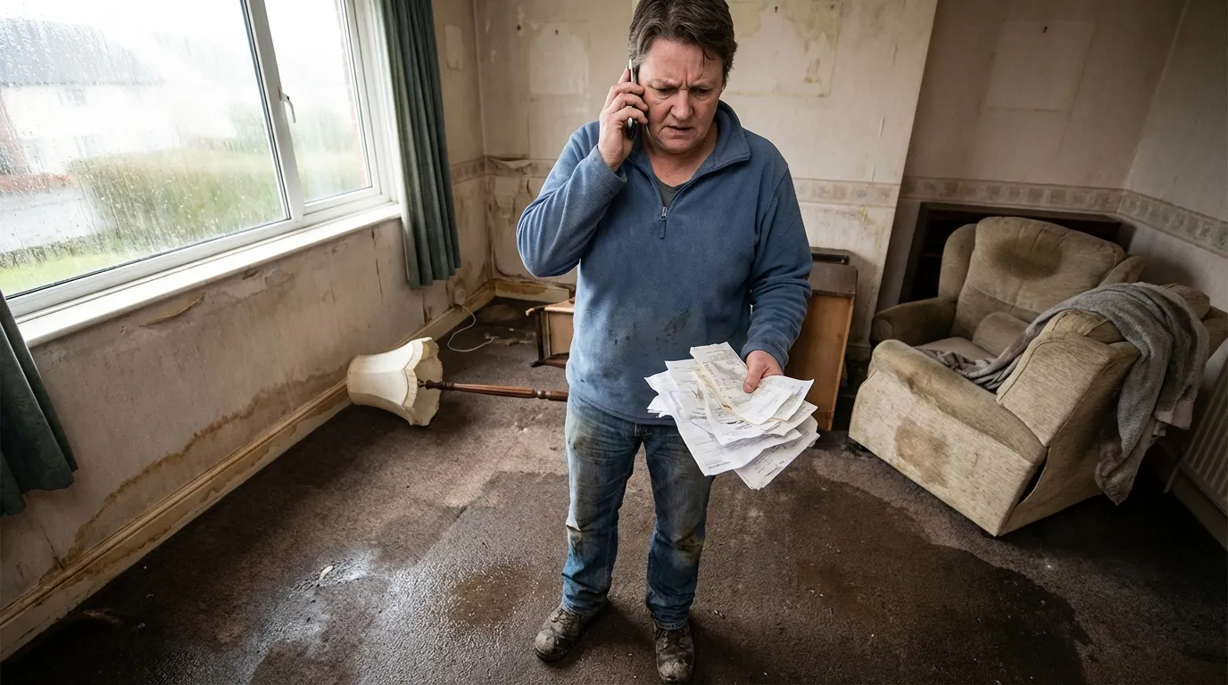 Homeowner on the phone with their insurance company while standing in a water-damaged living room with stained walls and wet carpet