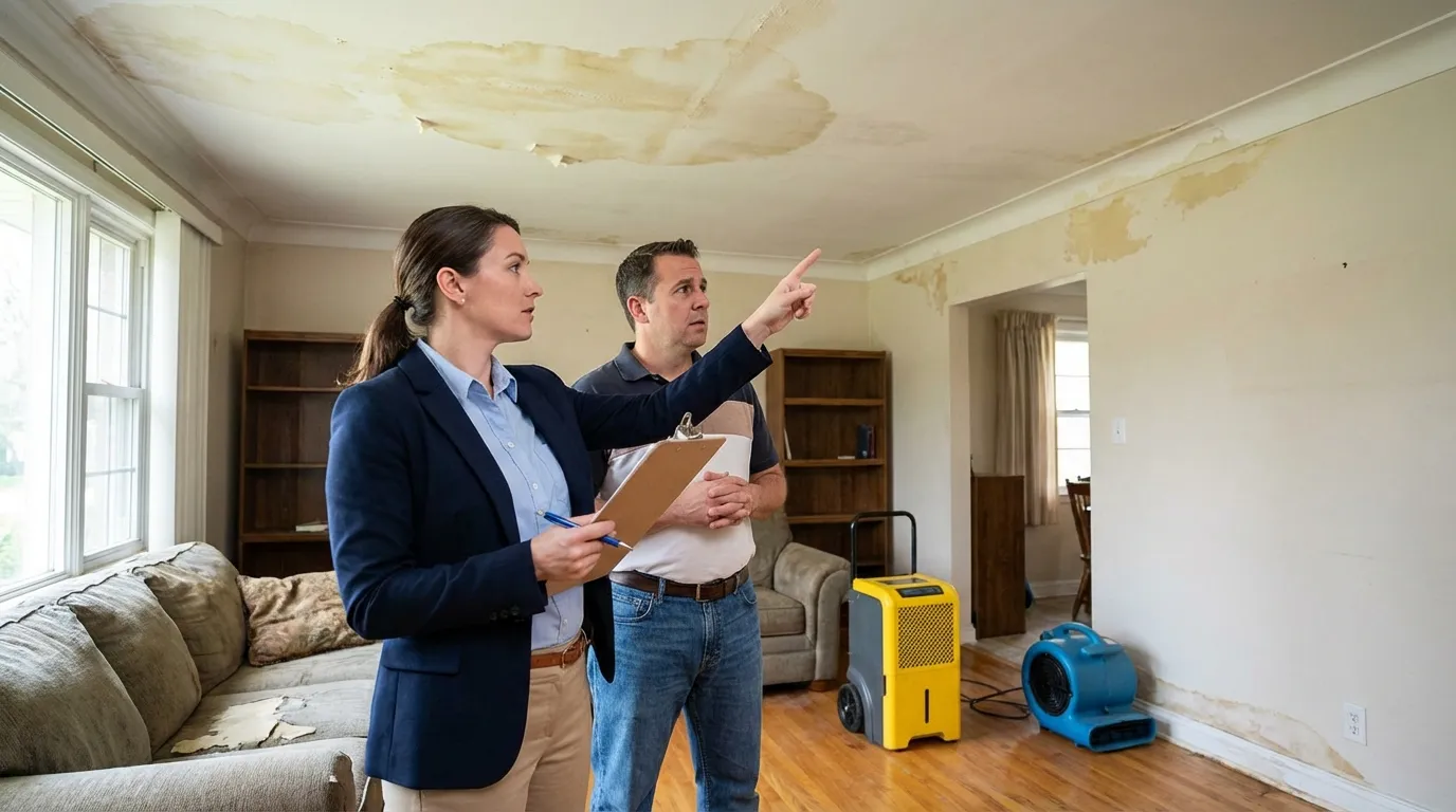 Insurance adjuster with clipboard inspecting a water-damaged room alongside a concerned homeowner