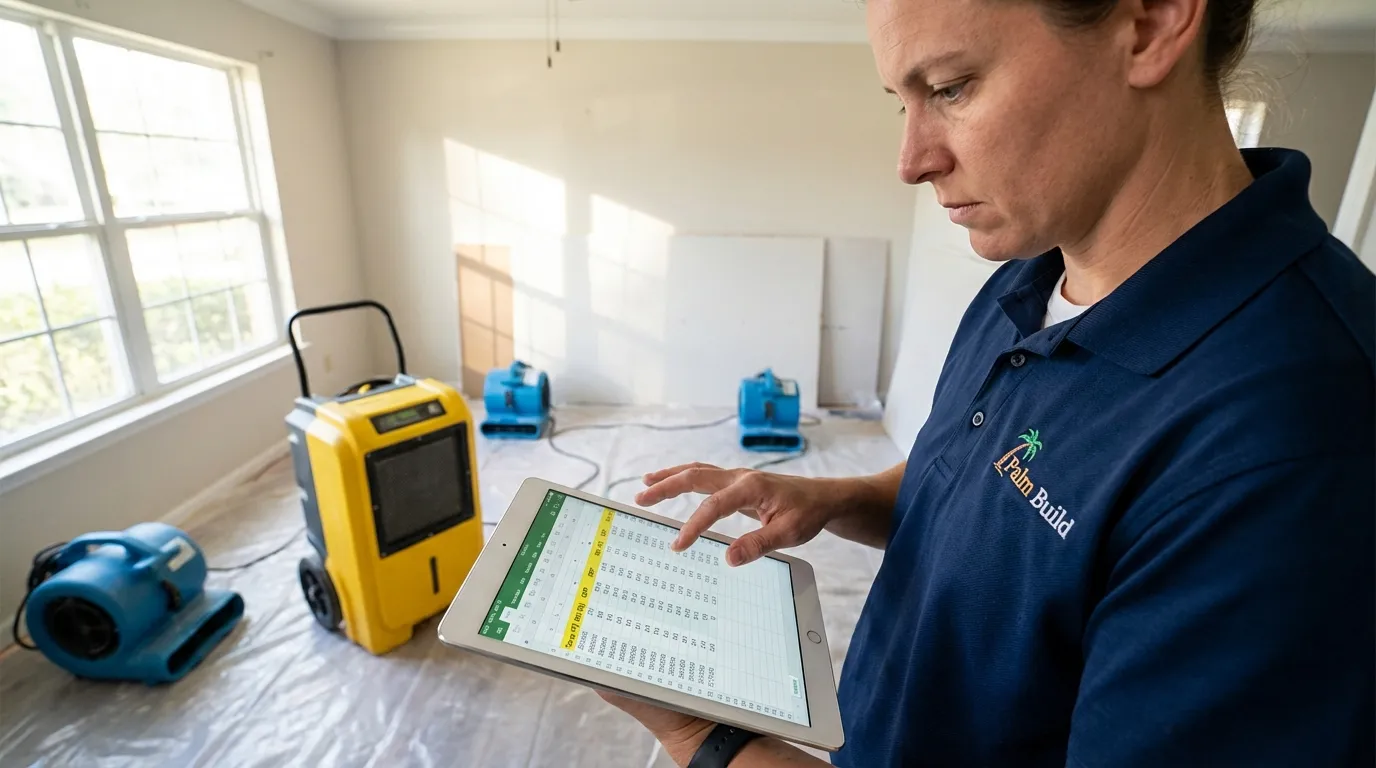 Palm Build technician recording drying equipment readings on a digital tablet with dehumidifiers in background