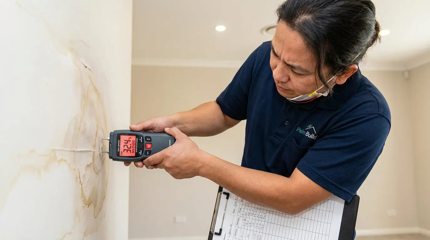 Palm Build technician taking pin moisture meter readings on water-damaged drywall with digital readout visible