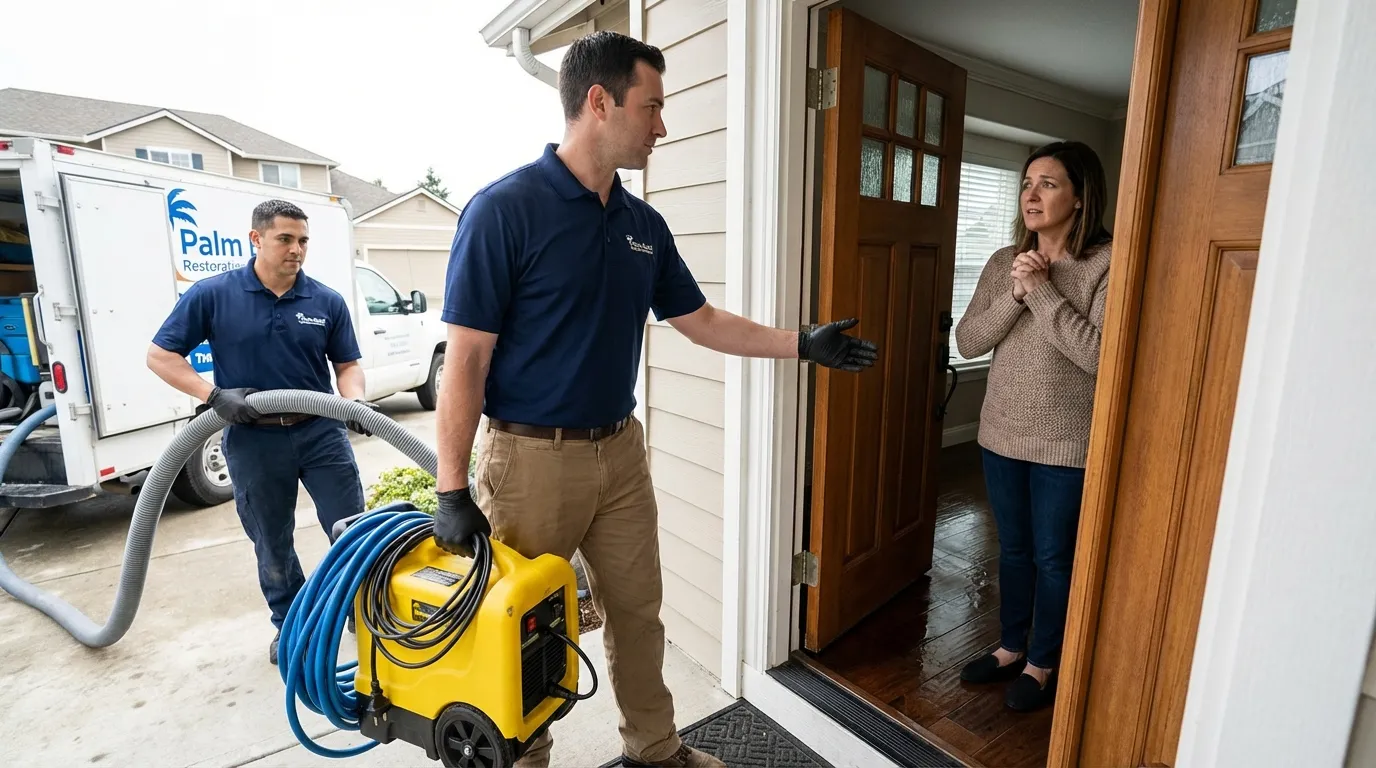 Palm Build restoration crew arriving at a water-damaged home with professional extraction equipment while the homeowner greets them at the front door