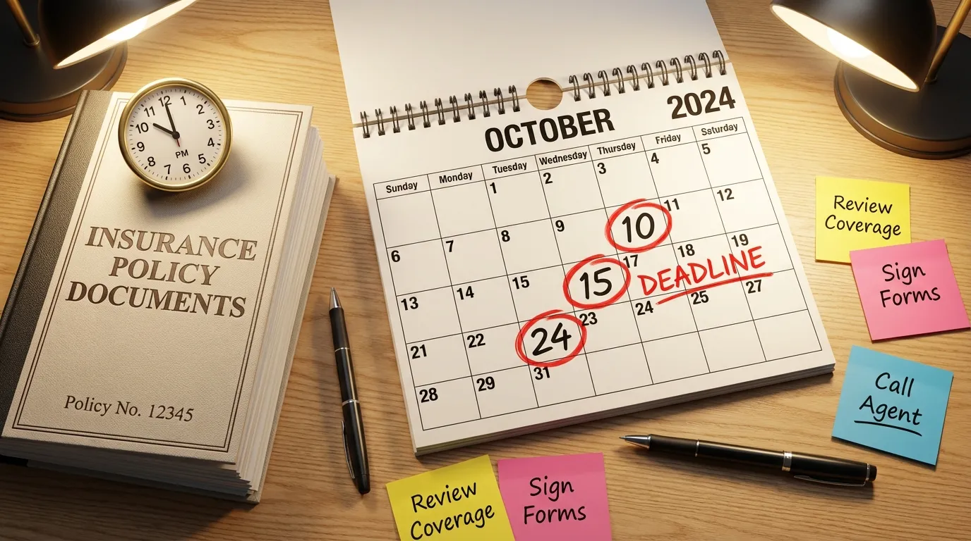 Calendar with circled deadline dates next to insurance documents and a clock representing filing urgency