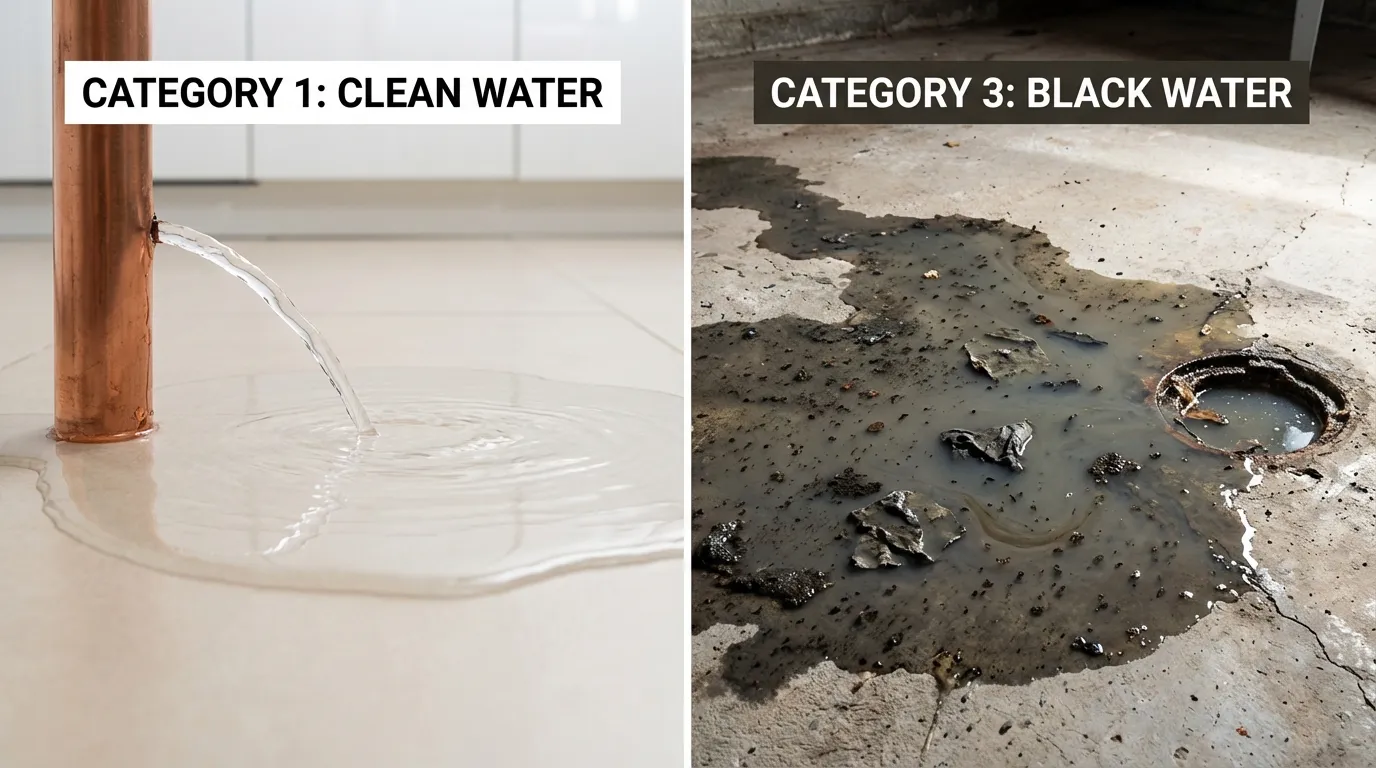 Side-by-side comparison of clean Category 1 water from a burst pipe versus contaminated Category 3 black water from sewage backup