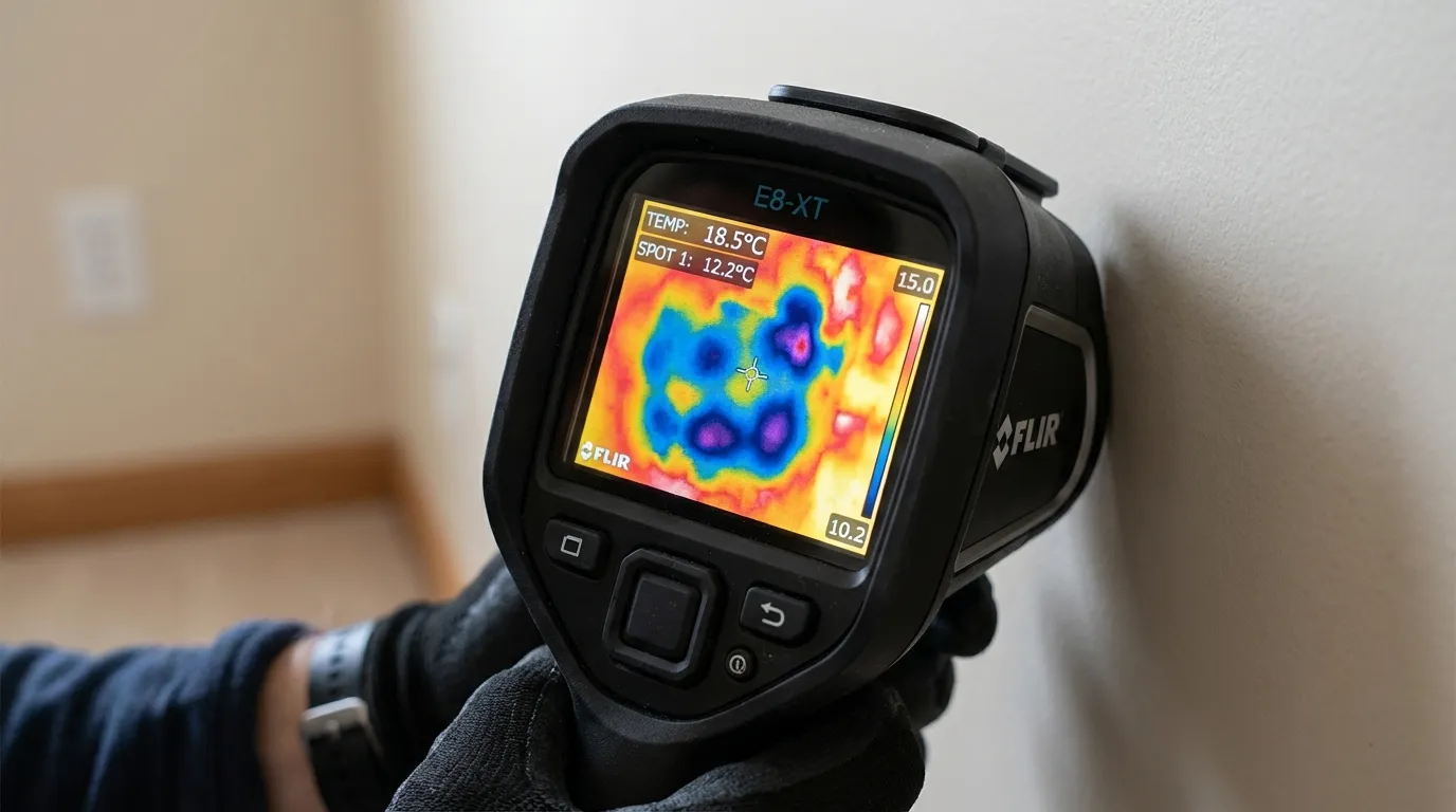 Thermal imaging camera display showing hidden moisture behind walls as a colorful heat map