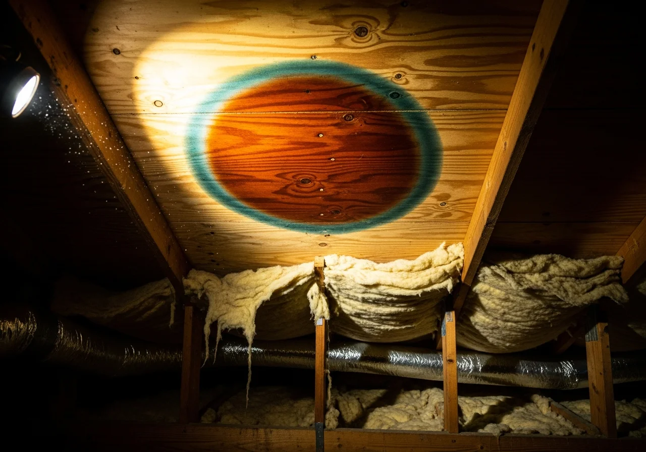 Headlamp-lit interior photograph of a residential attic showing a dark irregular water stain spreading across the underside of the wood roof decking, fiberglass batt insulation visibly damp and sagging beneath the stain, exposed wooden rafters in the foreground, the headlamp beam casts a soft pool of warm light on the stain, dust motes faintly visible in the beam