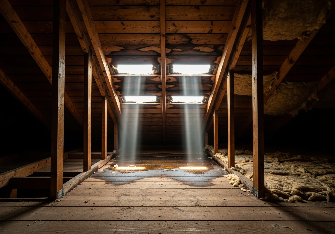 Interior photograph of a residential attic showing two distinct pinholes of bright daylight piercing through the wood roof decking from above, the surrounding decking visibly storm-damaged with darkened water-staining around the openings, exposed wooden rafters and fiberglass insulation in shadow, the contrast between the bright daylight pinholes and the dim attic interior is dramatic