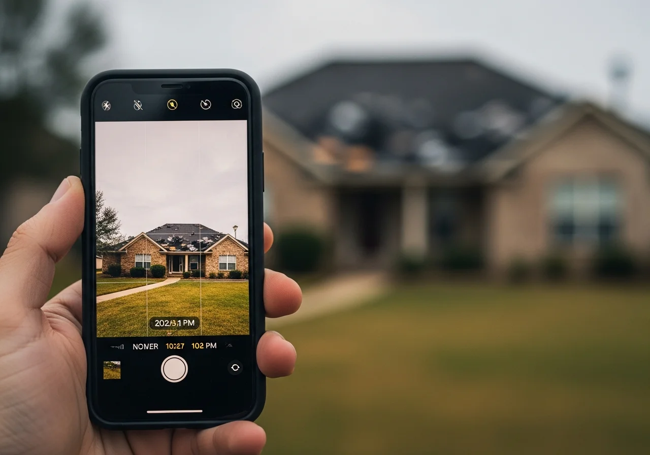 Over-the-shoulder photograph of a smartphone held in landscape orientation photographing visible roof storm damage from the front lawn, the phone screen showing the live camera view of the damaged roof along with a clearly visible timestamp overlay, soft post-storm overcast sky in the background, sharp focus on the phone screen