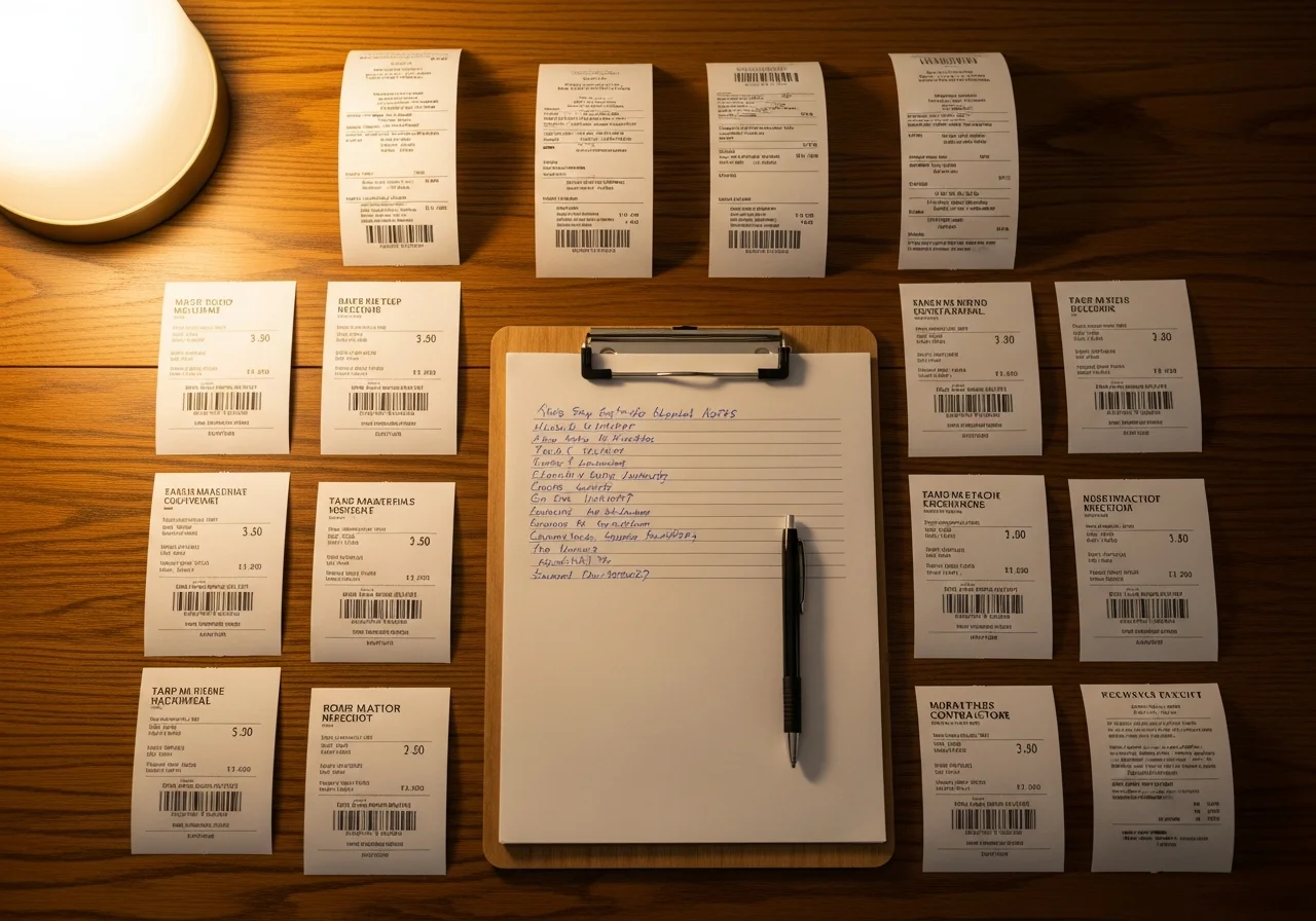 Top-down editorial photograph of a homeowner's claim file in progress on a wooden table — a clipboard with handwritten notes, several itemized receipts for tarp materials and contractor labor laid out in an organized grid, a pen resting on the clipboard, soft warm interior lamp light, the receipts and notes are crisp and legible at a glance