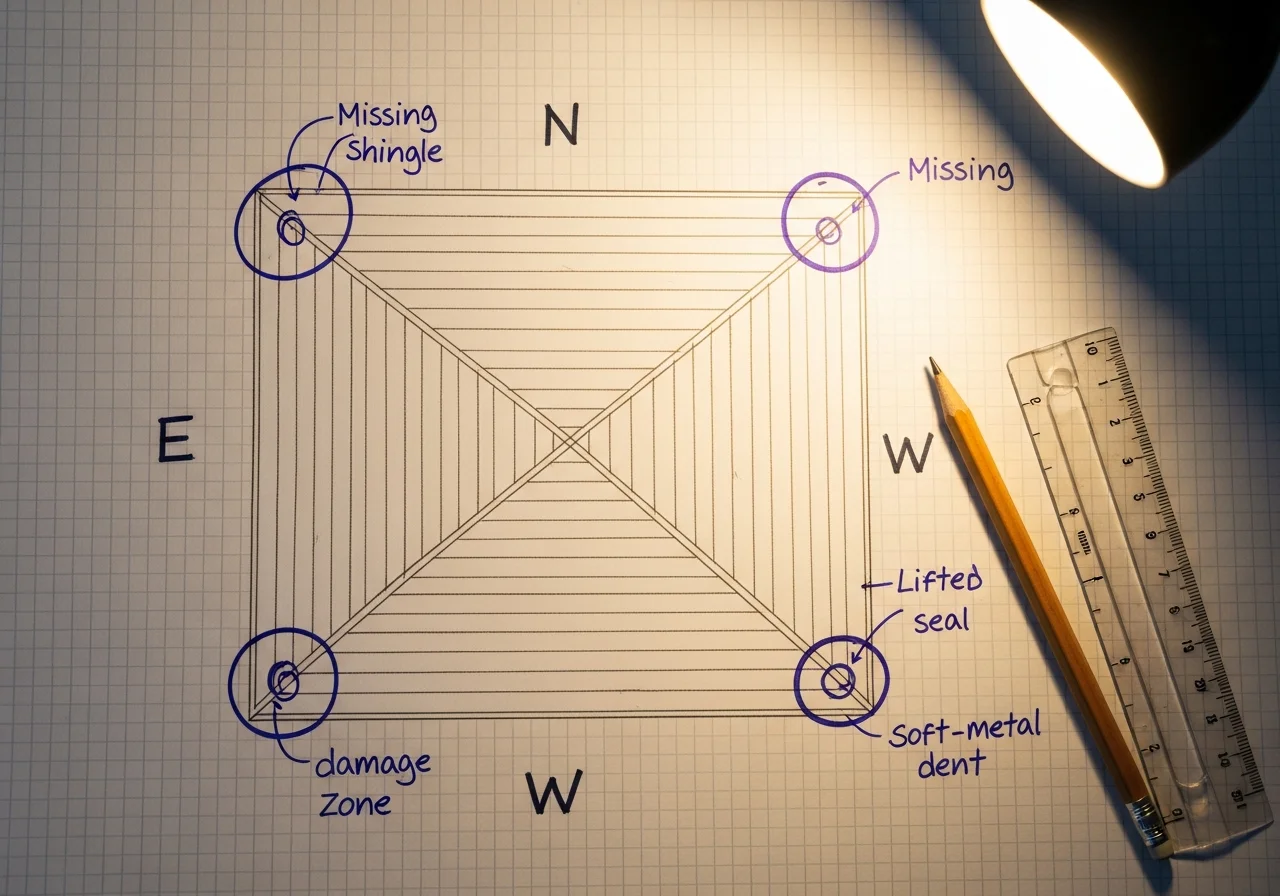 Top-down photograph of a hand-drawn roof diagram on graph paper showing the four roof slopes labeled north, east, south, west with circled damage zones marked at corners and along the eaves, additional handwritten annotations noting damage type — missing shingle, lifted seal, soft-metal dent — pencil and a ruler resting alongside, warm desk lamp light