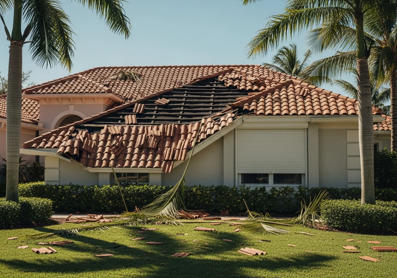 Wide photograph of a Florida stucco single-story home with a terracotta-tile roof showing visible hurricane wind damage — multiple terracotta tiles cracked and displaced along the front-facing slope, several tiles missing exposing the underlayment beneath, a hurricane shutter half-deployed across one window, broken tile fragments and ripped palm fronds scattered across the front lawn, palm trees framing the property, bright Florida afternoon sun