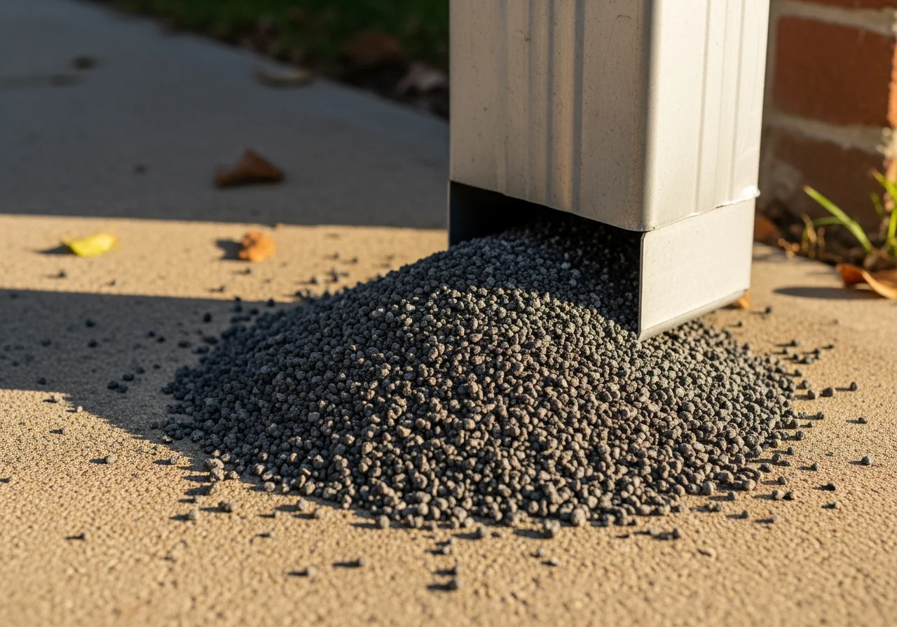 Close-up photograph of a residential downspout exit on a concrete driveway with a fresh pile of dark grey asphalt shingle granules accumulated at the base, the granules are coarse and gritty, sun-worn driveway texture visible, the bottom of an aluminum downspout in clear focus, soft directional natural light