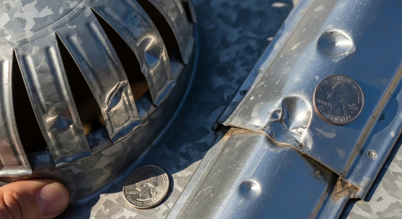 Tight close-up photograph of a galvanized metal roof vent cap and a section of aluminum chimney flashing showing fresh hail-impact dents, a U.S. quarter coin held alongside the dents for scale, dent edges sharp and unweathered indicating recent impact, soft natural light angled across the surface to emphasize the indent shadows, sky-blue weather-worn metal patina visible at the edges