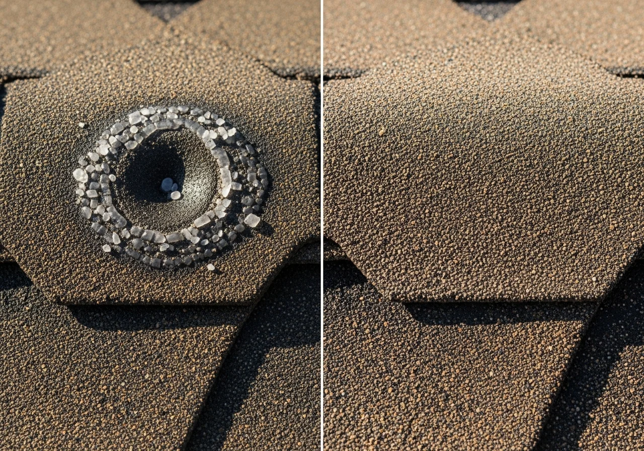 Top-down close-up photograph of an asphalt three-tab shingle showing a side-by-side comparison — on the left half a fresh circular hail bruise approximately one inch across with disturbed granules around the dimple revealing the dark fiberglass mat beneath, on the right half cumulative age-related granule loss with a more uniform faded appearance, sharp focus across the entire frame, soft directional light