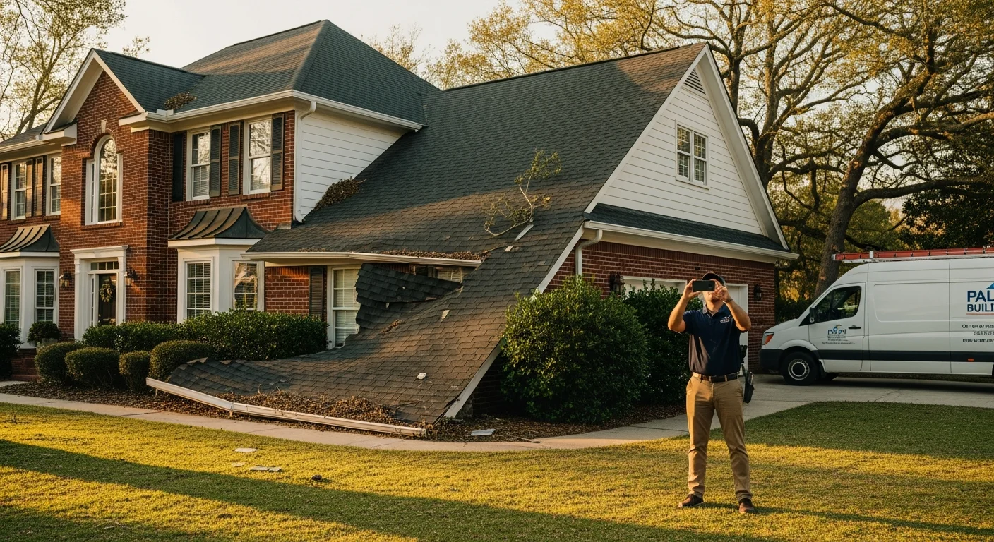 Wide cinematic golden-hour photograph of a two-story Carolina suburban home with visible wind-damaged asphalt shingles along the front-facing slope, several three-tab shingles lifted and creased near the rake edge, gutters partially clogged with leafy storm debris, a clean white Palm Build branded service van partially visible at the end of the driveway, a homeowner in casual clothing standing safely on the lawn aiming a smartphone upward to document the damage, late-afternoon golden light raking across the roof and casting long shadows from mature oak trees onto the lawn
