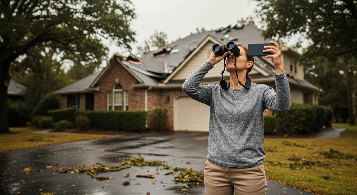 Wide editorial photograph of a homeowner in their 40s standing safely on the front lawn of a two-story suburban home, holding a pair of compact binoculars to their eyes with one hand and a smartphone in the other hand poised to photograph, looking up toward the visibly storm-damaged roof corner, soft overcast post-storm sky, wet driveway from recent rain, fallen small branches and leaves scattered on the lawn, the framing is clean and documentary
