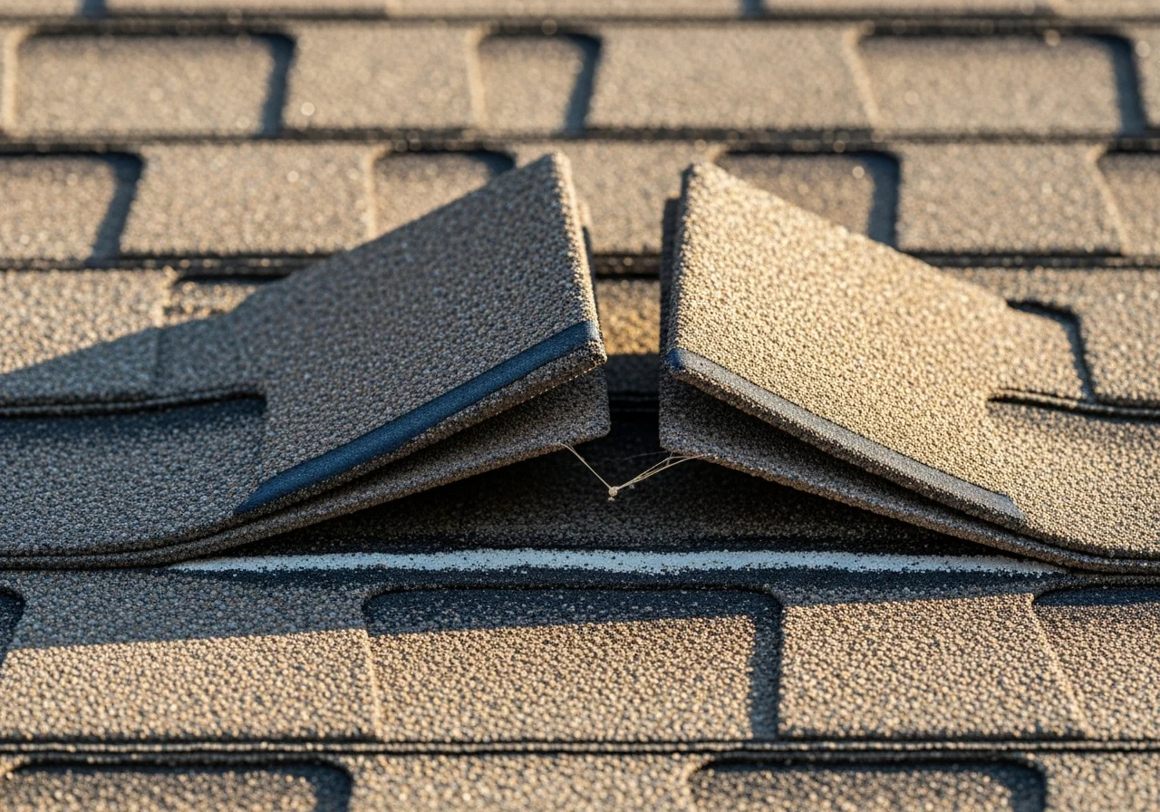 Sharp-focus close-up rooftop photograph showing two visibly creased asphalt three-tab shingles with one corner lifted upward exposing the dark adhesive seal line beneath, a thin horizontal scuff line of missing granules visible just below the upper shingle, weathered aged shingles surrounding the damage, soft natural light raking across the roof emphasizing the texture of the granules
