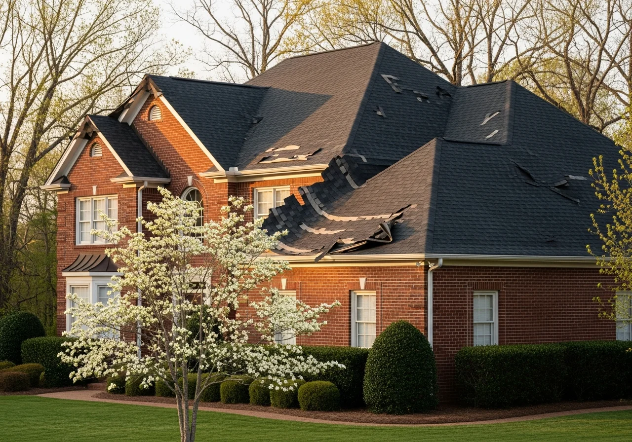 Wide photograph of a North Carolina red-brick two-story suburban home with a damaged asphalt-shingle roof showing the classic wind-creased pattern at the eaves, large sections of three-tab shingles lifted and creased along the front slope edge, a dogwood tree in early bloom in the foreground, manicured lawn, soft Carolina spring afternoon light, mature oak trees in the background
