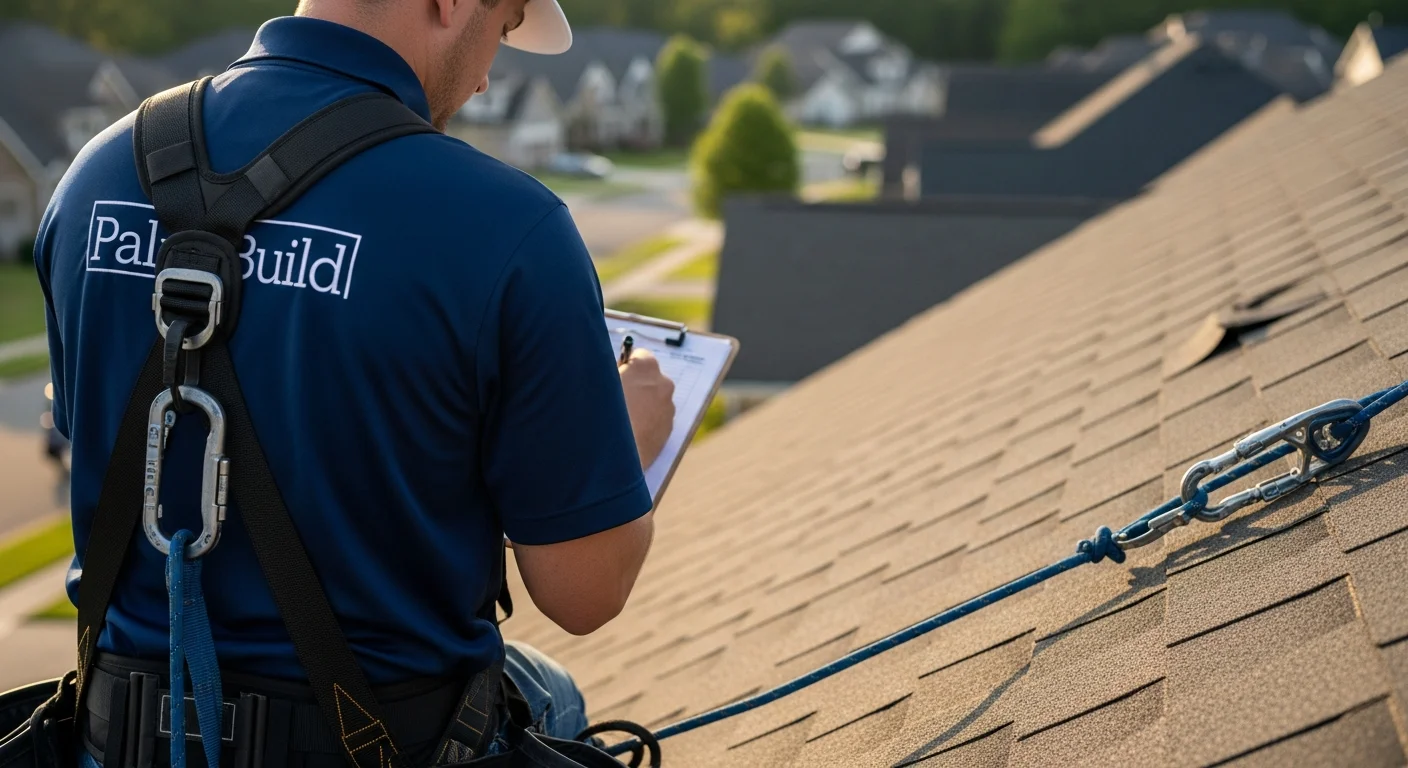 Wide editorial photograph of a Palm Build IICRC-certified restoration technician in a navy embroidered polo with the Palm Build logo on the left chest, wearing a safety harness anchored to the ridge of a residential roof, holding a clipboard while documenting visible storm damage on the front-facing asphalt-shingle slope, sharp focus on the technician with shallow depth of field showing the surrounding suburban neighborhood softly out of focus, late-afternoon natural light, professional documentary tone