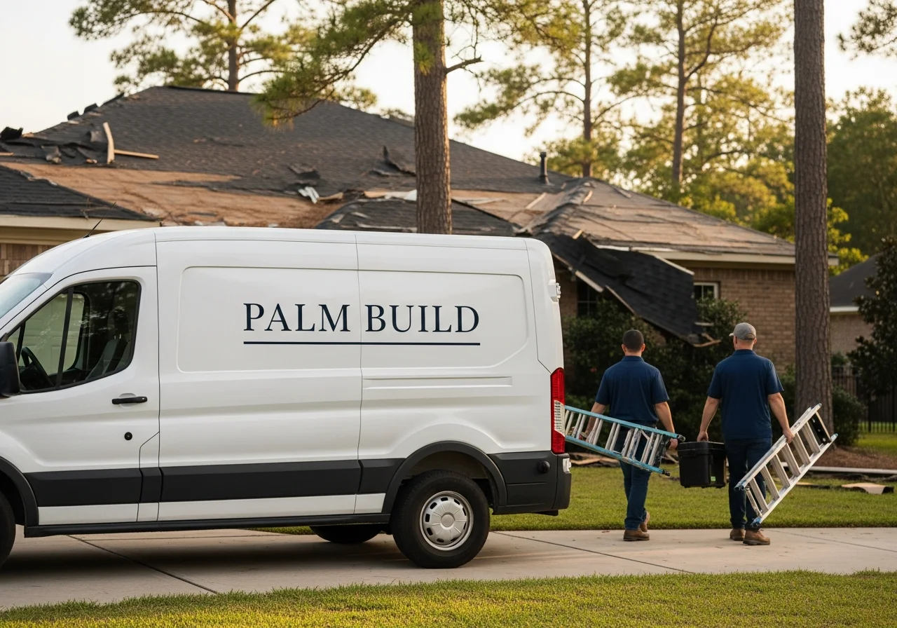 Mid-distance photograph of a clean white Palm Build branded service van parked in the driveway of a residential storm-damaged home, the Palm Build name clearly visible on the side door panel of the van, two technicians in navy embroidered polos approaching the front of the home with tool cases and ladder, broken roof shingles visible on the front slope, soft post-storm afternoon light