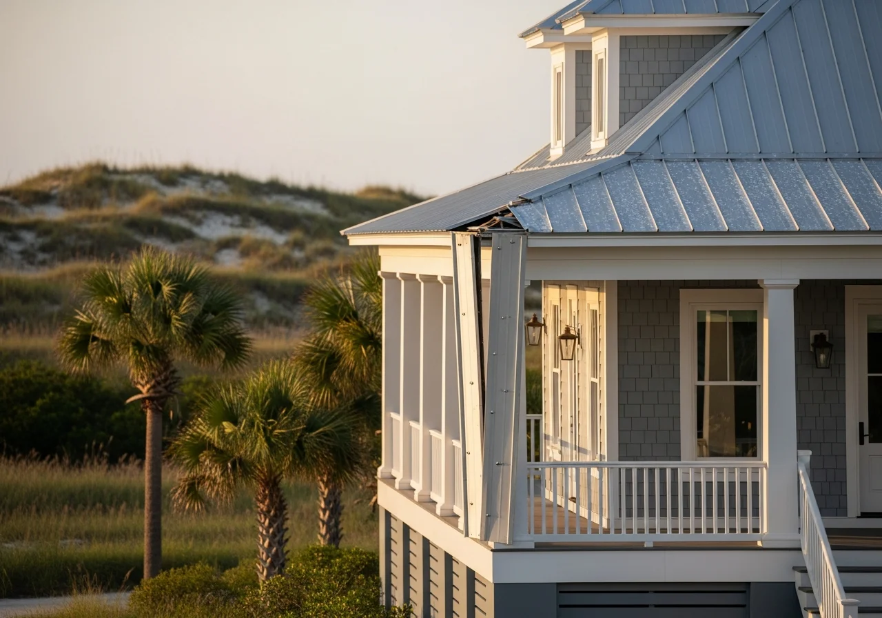 Wide photograph of a coastal South Carolina home with gray cement-board siding, white trim, and a Lowcountry-style raised porch architecture, the standing-seam metal roof showing a wind-lifted seam with one panel partially separated, popped fasteners visible along the seam, salt-air weathering and faint corrosion on the metal edges, palmetto trees and salt-grass dunes in the background, soft coastal late-afternoon light