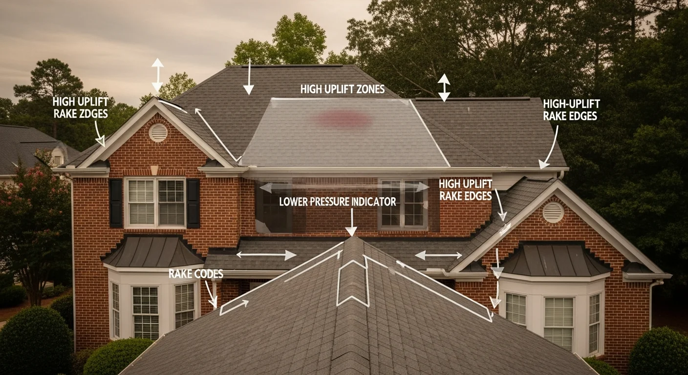 Annotated diagram-style photograph of a residential asphalt-shingle roof from a slightly elevated angle, with subtle translucent overlay arrows pointing to the high-uplift zones at the roof corners and along the rake edges and ridgeline, the field of the roof in the center marked with a softer low-pressure indicator, the home is a Carolina-style two-story brick house with mature trees and a clear post-storm sky in the background