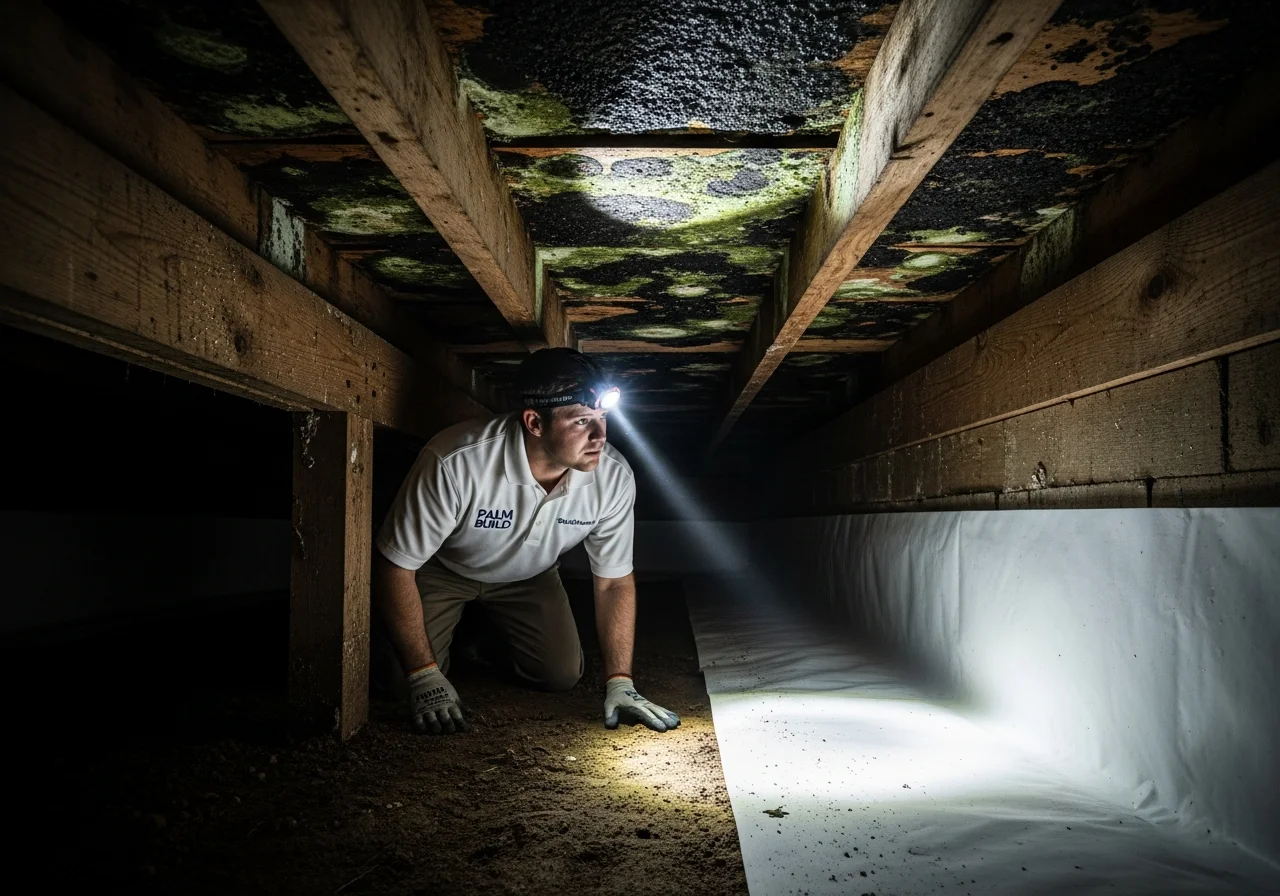 Palm Build technician inspecting mold growth on wooden floor joists in a North Carolina crawl space during an encapsulation assessment