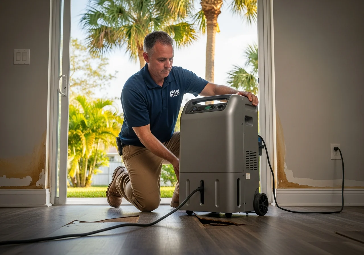 Palm Build technician setting up a commercial dehumidifier in a Florida home with water-damaged baseboards and warped laminate flooring