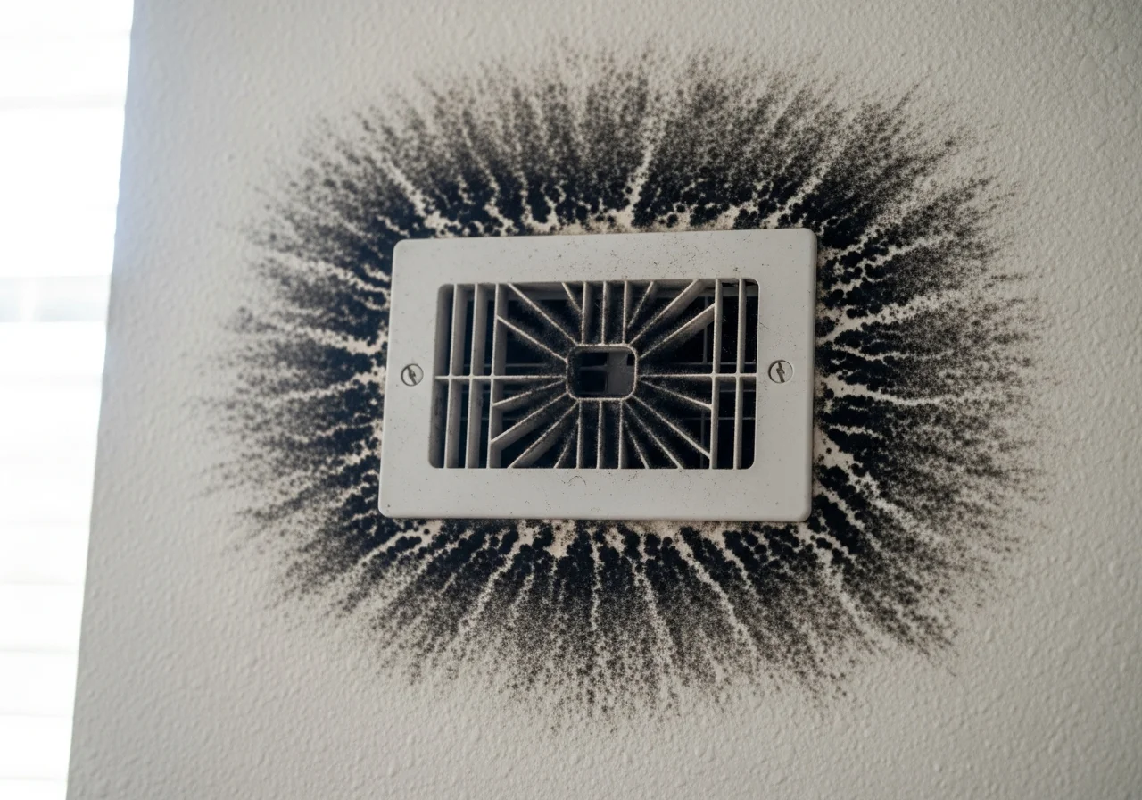 Black mold spreading around a ceiling HVAC vent register in a Florida home — radiating outward from the grille edges