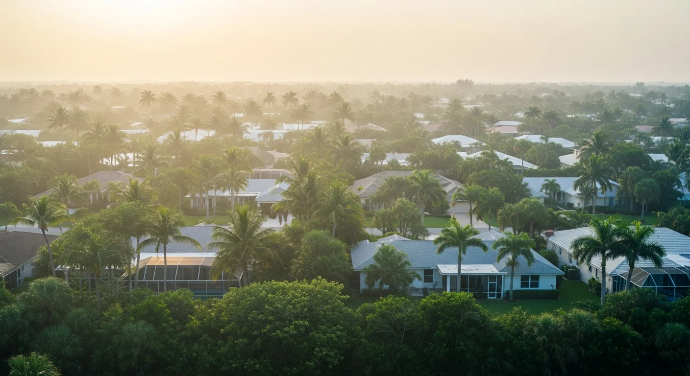 Aerial view of a humid Florida coastal neighborhood in summer — dense tropical vegetation and heat haze surrounding stucco homes