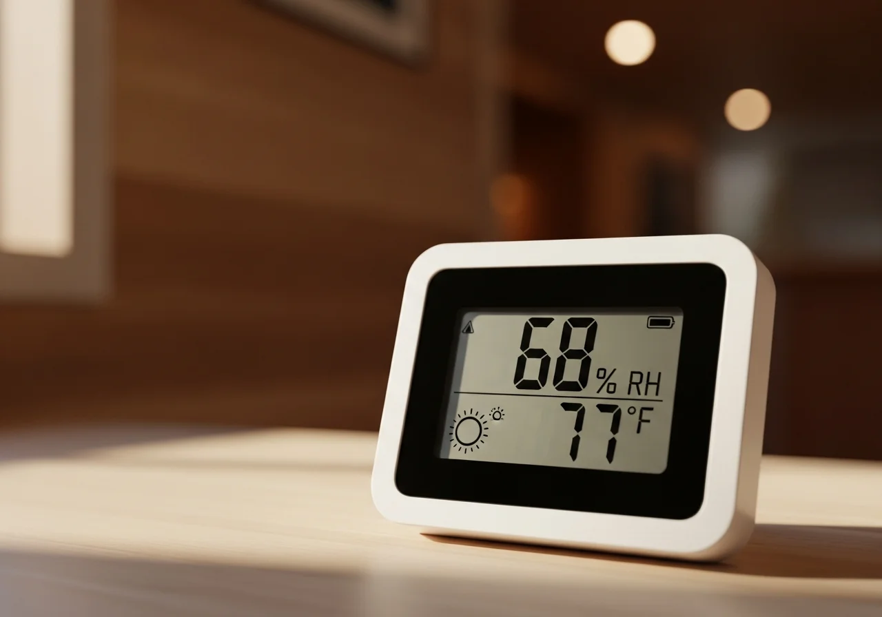 Digital hygrometer on a wooden surface showing 68% relative humidity — above the 60% mold-growth threshold