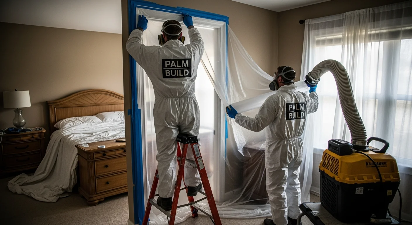 Two Palm Build technicians in Tyvek suits and respirators setting up plastic containment sheeting in a mold-affected bedroom with negative air machine