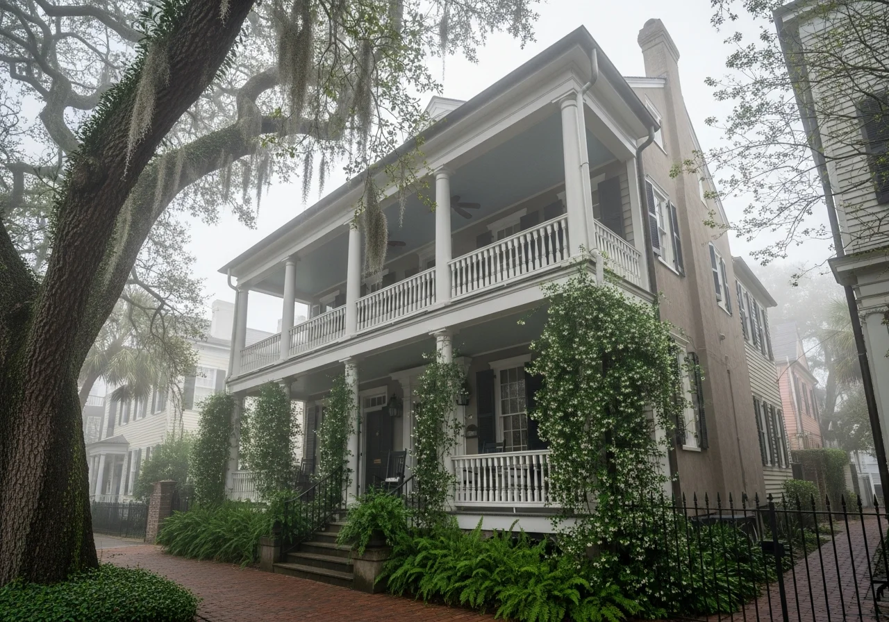 Historic Charleston South Carolina single house with double-height porch, surrounded by lush subtropical vegetation and morning humidity haze