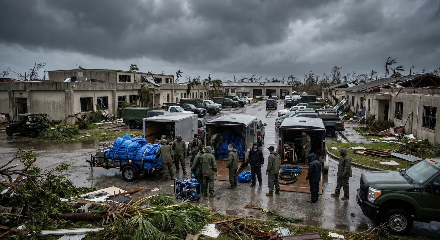 CAT response crew deploying extraction equipment and staging trailers at a large-loss site in the hours following hurricane landfall