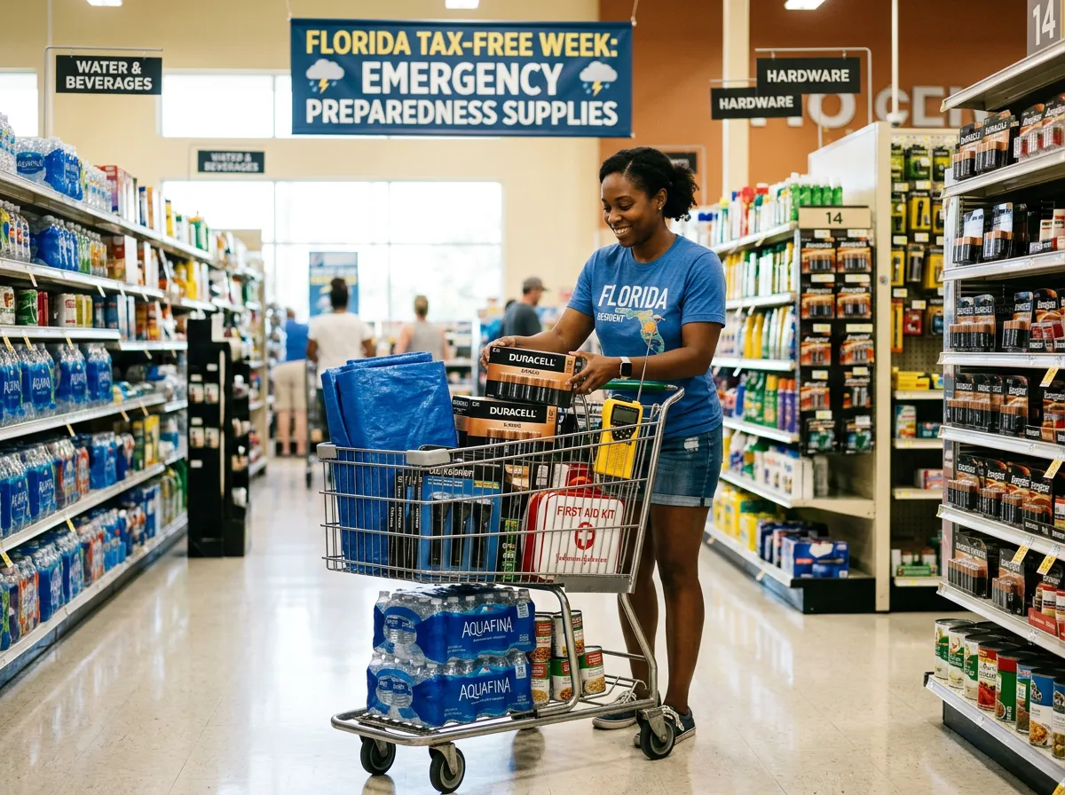 Shopping cart in a Florida store filled with hurricane preparedness supplies including batteries, LED flashlights, tarps, and a portable weather radio