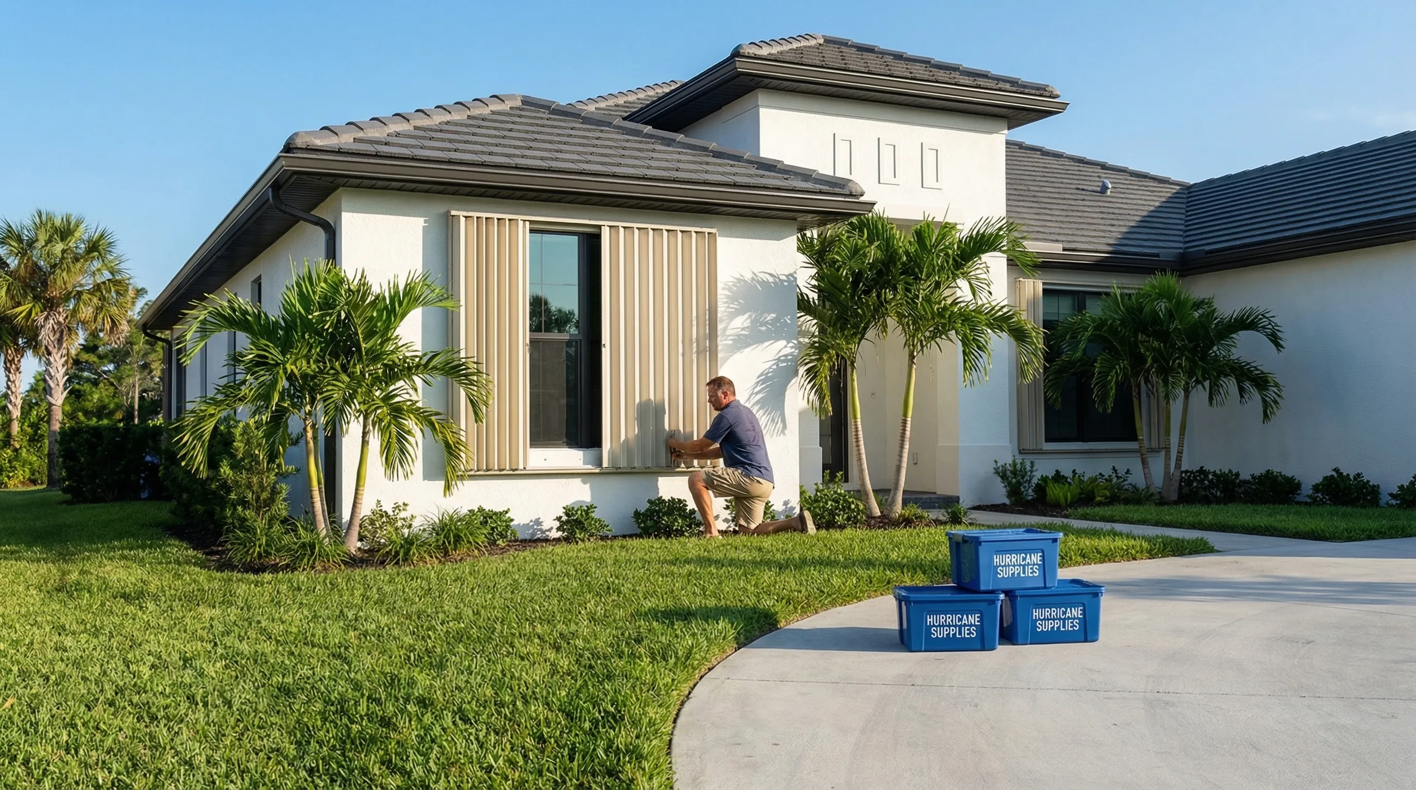 Florida homeowner installing accordion hurricane shutters on a single-story home with supply bins on the driveway and palm trees in the background on a clear day