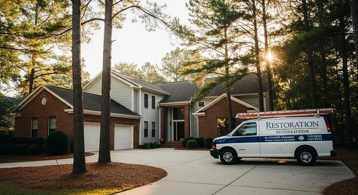 Palm Build Restoration commercial service vehicle parked in the driveway of a modern Indian Land South Carolina home with branded signage visible and morning light filtering through pine trees