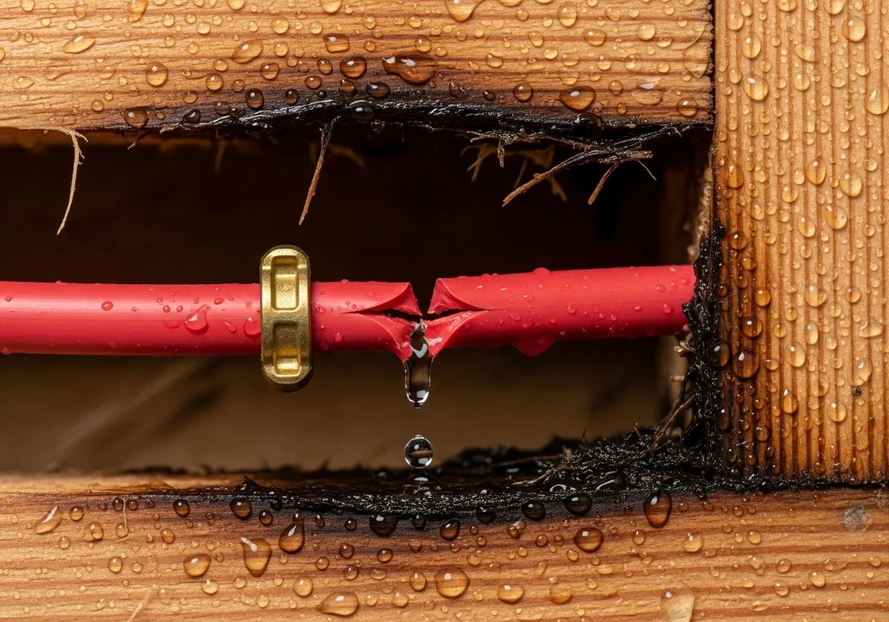 Close-up macro photograph of a failed PEX water supply line with visible kink crimp failure and water staining on surrounding wall framing inside a newer Indian Land SC home