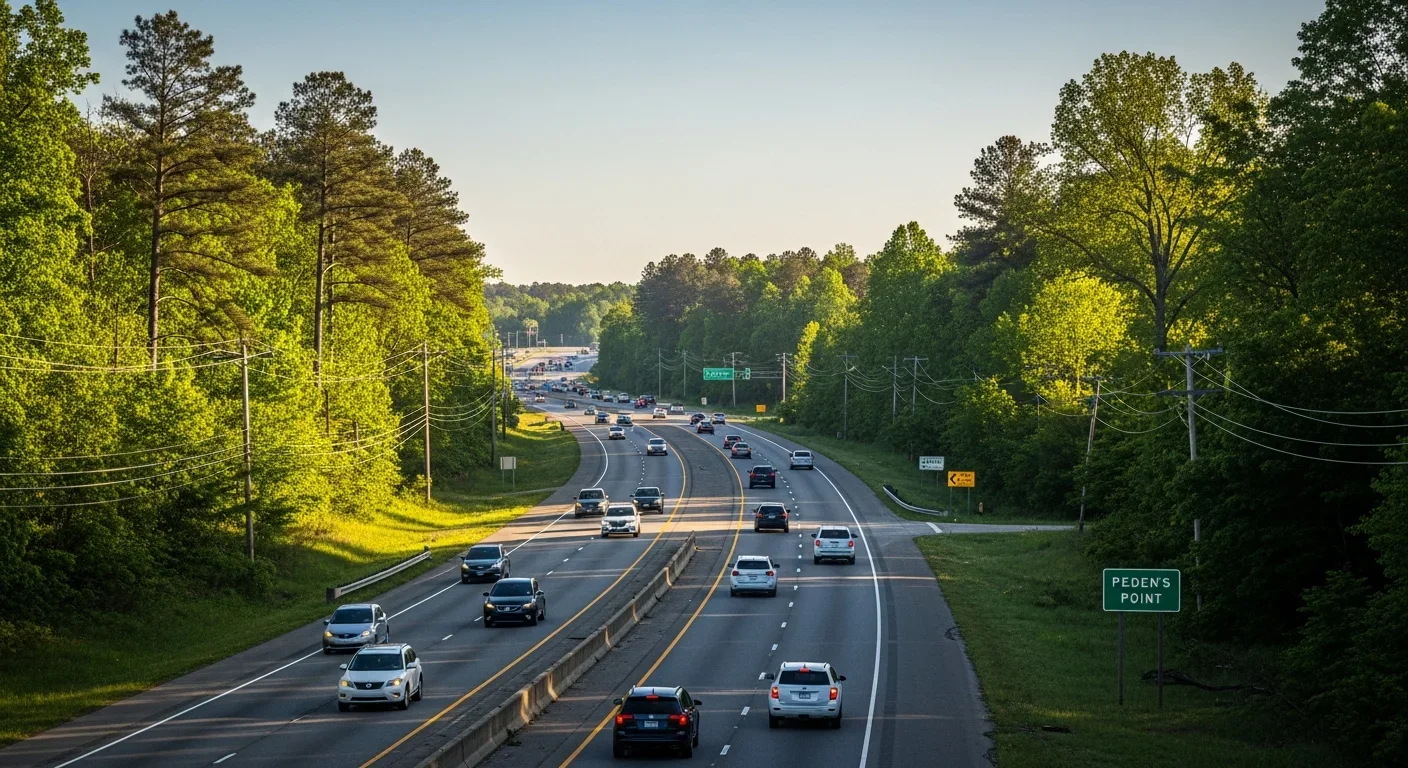 US-521 Pedens Point area showing the South Carolina and North Carolina state line with highway signage, Charlotte-area suburban landscape and commuter traffic
