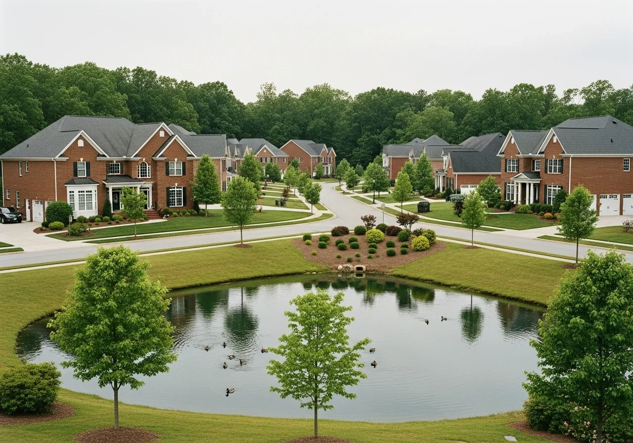 Bridgemill master planned community in Indian Land SC with brick homes near a community retention pond and mature landscaping