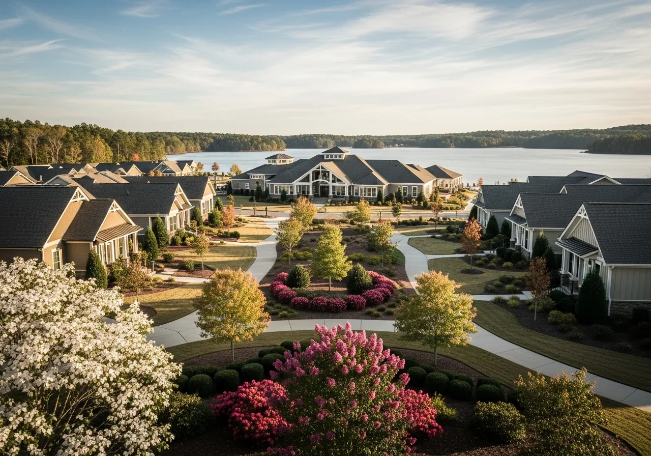 Sun City Carolina Lakes Del Webb 55 plus active adult community in Indian Land SC with lakeside clubhouse and single story homes