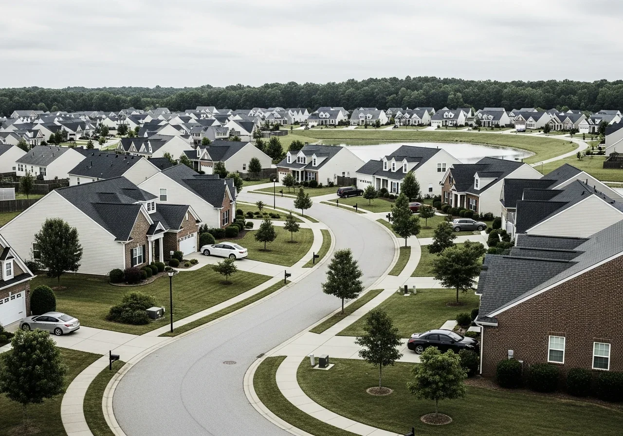 Walnut Creek master planned community in Indian Land SC with 2000s brick and vinyl single family homes on curvilinear streets