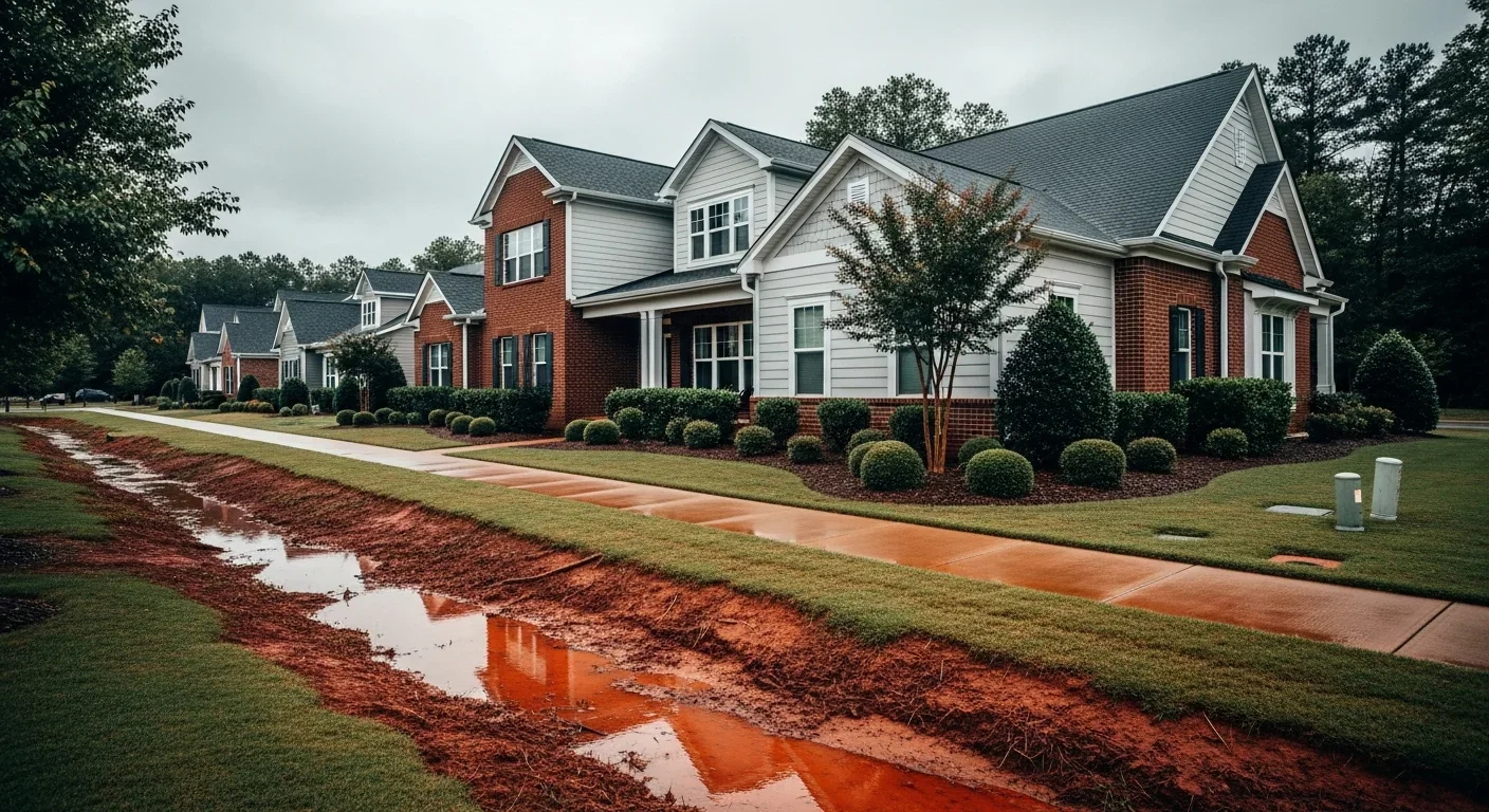 Modern Indian Land South Carolina suburban subdivision home with brick veneer and mixed siding beside a Sugar Creek watershed drainage corridor after a heavy Piedmont rain event with saturated red clay visible