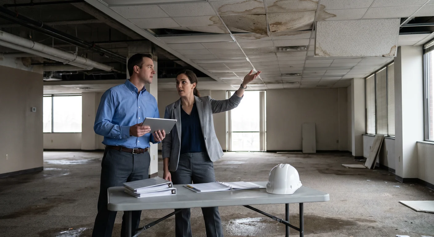 Insurance adjuster and project manager conducting a joint walkthrough and documentation review on a large commercial restoration loss