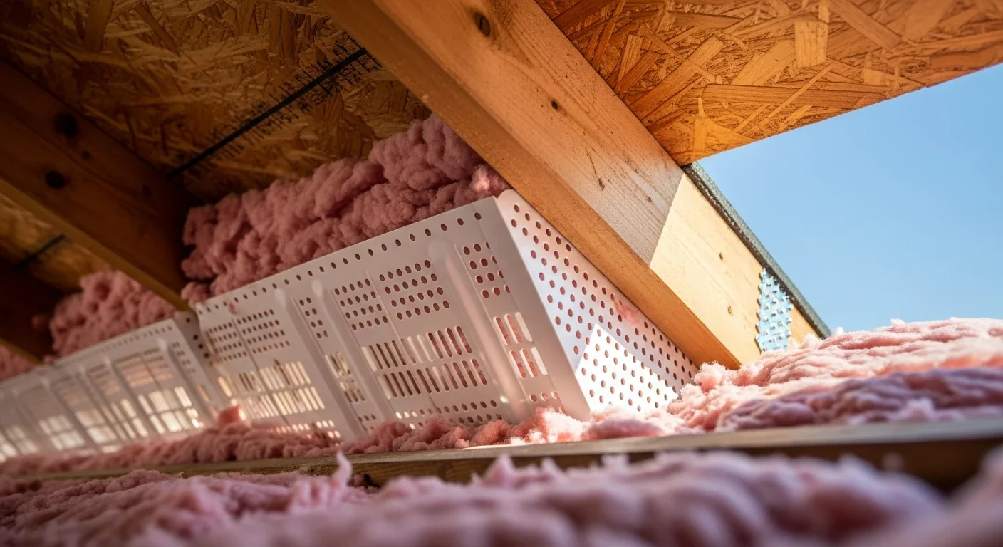 Properly installed soffit vent baffle in a residential attic holding back blown-in fiberglass insulation to keep airflow open along the roof deck